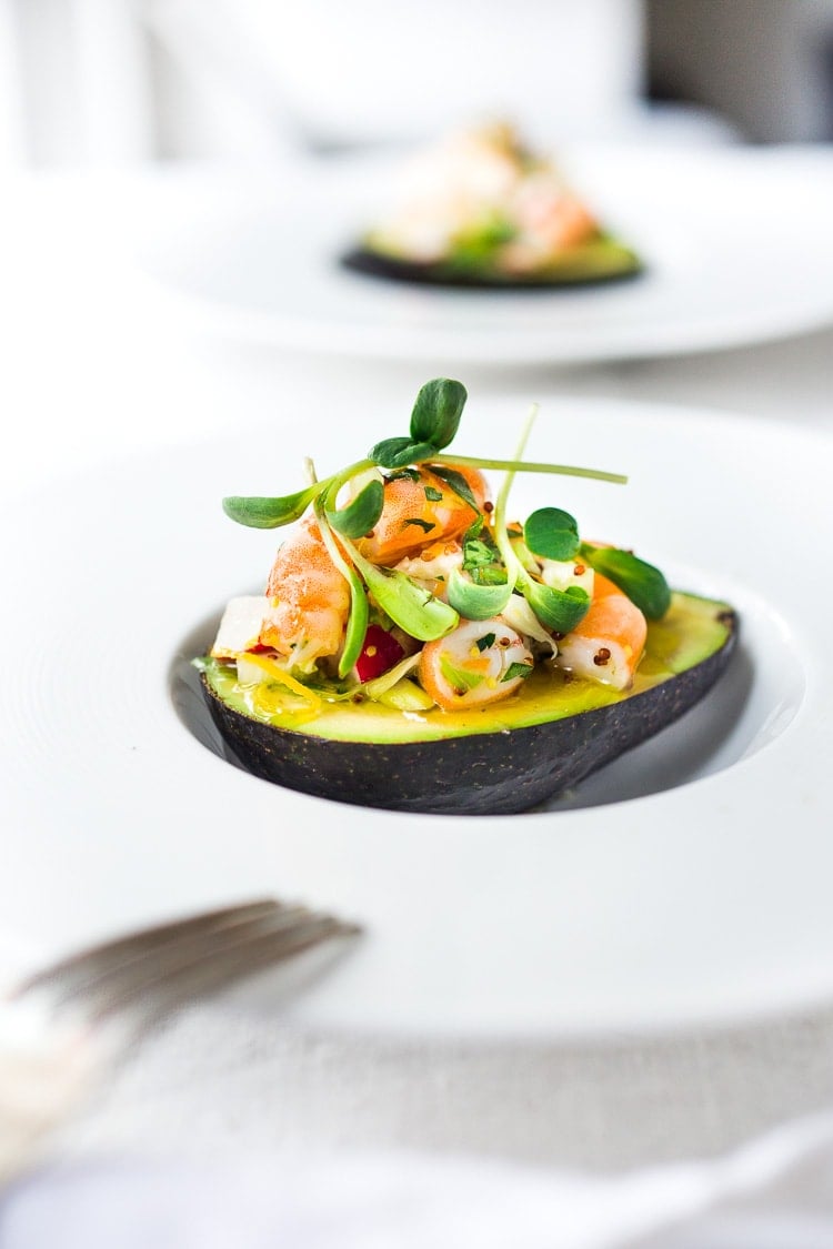 stuffed avocado with shrimp and tarragon in bowl garnished with sprouts. 